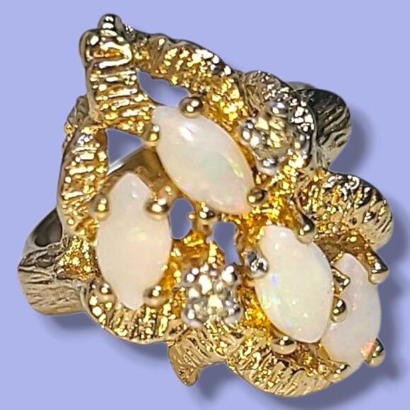 Vintage 18K HGE Gold Plated 4 White Opals & CZ Cocktail Ring Size 4.5 - Picture 4 of 16